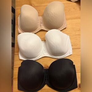 3 Gently pre-owned Vanity Fair Beauty Back Smoothing Strapless bras, size 38DD.